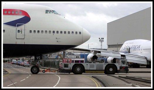 Towing of a British Airways Boeing 747 at London-Heathrow Airport